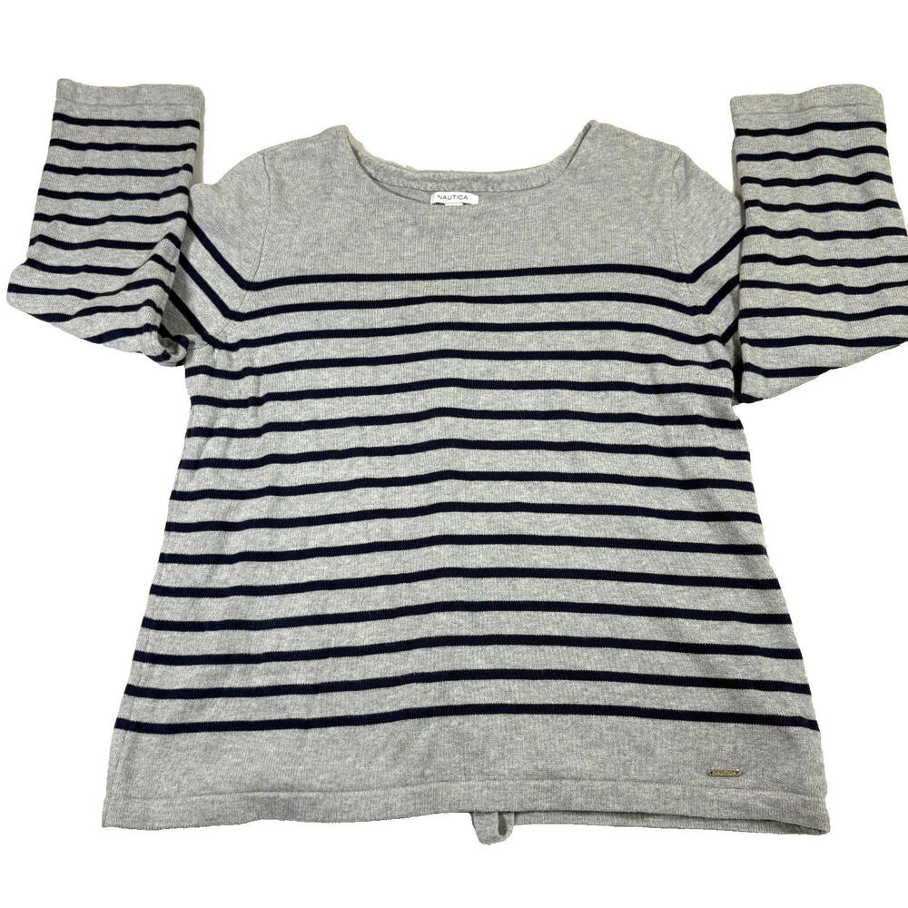 Nautica Womens XL Gray Navy Striped Cotton Sweater Lace Up Back Nautical Top
